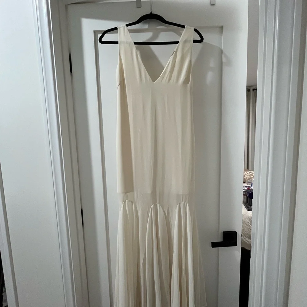 Abercrombie plunge godet skirt maxi dress in ivory cream